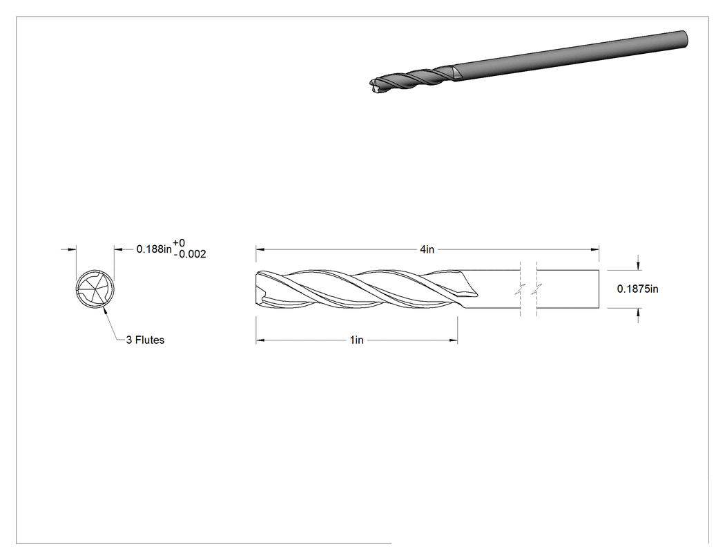 Teknik Çizim - Kaplamasız Karbür Uçlu Freze, Kare Uç, 3 Yiv, 3/16" Freze Çapı, 4" Toplam Uzunluk
