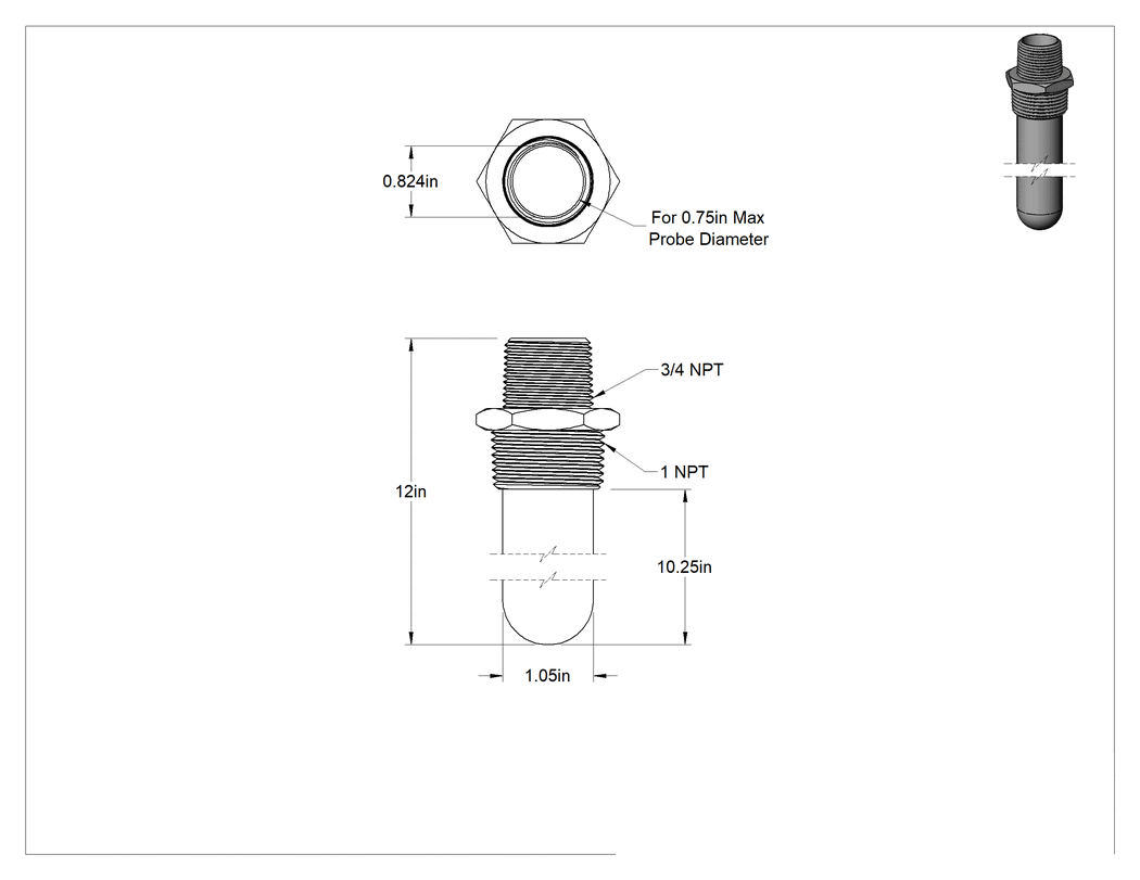 Teknik Çizim - Termokupl ve RTD Koruma Tüpü, Çelik, 3/4 NPT Termovell Bağlantısı, 10-1/4" Yerleştirme Uzunluğu