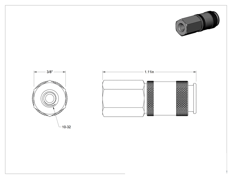 Teknik Çizim - 316 Paslanmaz Çelik Düşük Profilli Yüksek Basınçlı Hızlı Bağlantı Tüp Bağlantısı, Hava için, Kapatma Valfli Soket, 10-32 Dişi