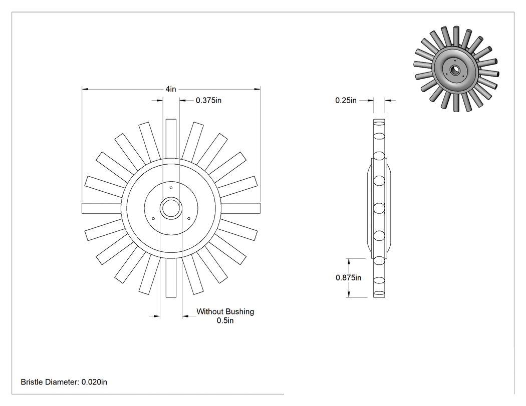 Teknik Çizim - Paslanmaz Çelik Kıllı Güçlü Temizleme Çelik Tekerlekli Fırça, CNC Makineleri için, 4" Fırça Çapı