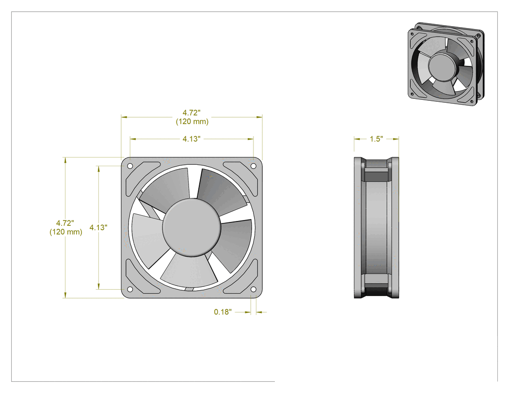 Teknik Çizim - Islak Ortam Ekipmanı - Soğutma Fanı, 12V DC, 120 mm Yükseklik x 120 mm Genişlik x 38 mm Derinlik Toplam
