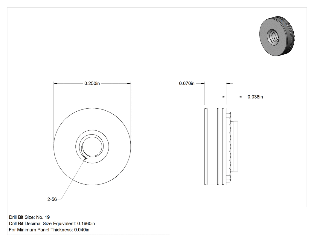 Teknik Çizim - Sac Metal için Alüminyum Pres Geçme Somunlar, 2-56 Diş Boyutu, 0.04" Minimum Panel Kalınlığı için