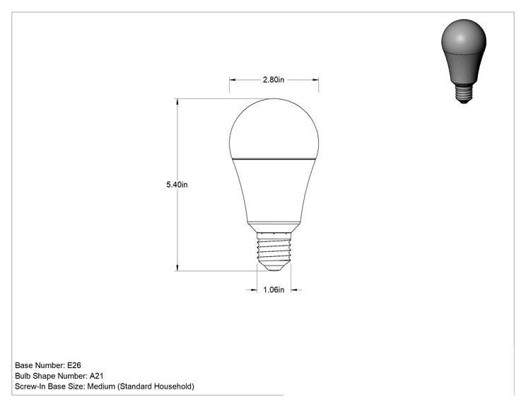 Teknik Çizim - Vidalı Ampul, LED, A21, 3050 lümen, 25 Watts, 5000K