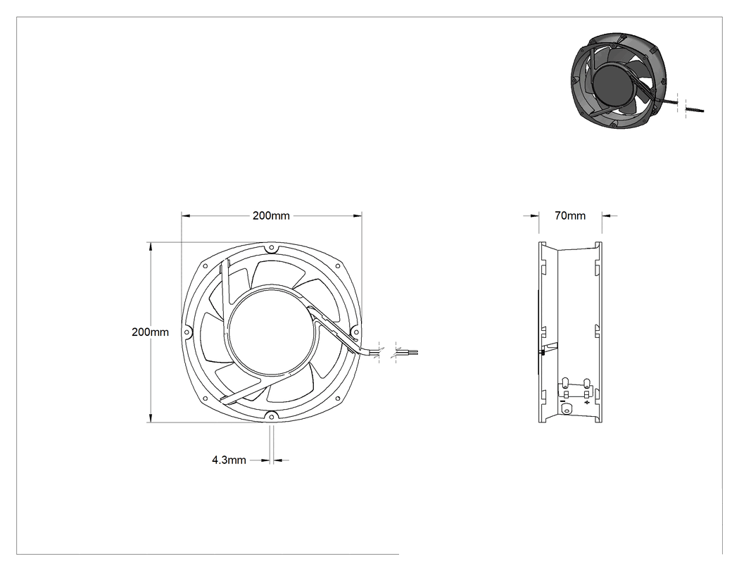 Teknik Çizim - Yüksek Basınçlı Yıkama Ekipmanı - Soğutma Fanı, 115V AC, 200 mm Yükseklik x 200 mm Genişlik x 70 mm Derinlik Toplam