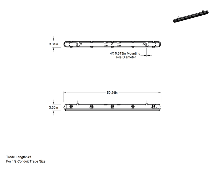 Teknik Çizim - Dahili LED'li Yıkanabilir Tavan Işığı, ABD Dışında Üretilmiştir, Yedek Pilli, 50-1/4" Toplam Uzunluk