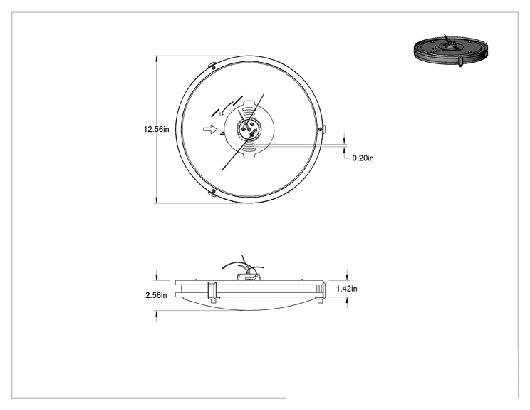 Teknik Çizim - Dekoratif Tavan Işığı, Mat Siyah Gövde, 13" Çap x 2-5/8" Toplam Yükseklik