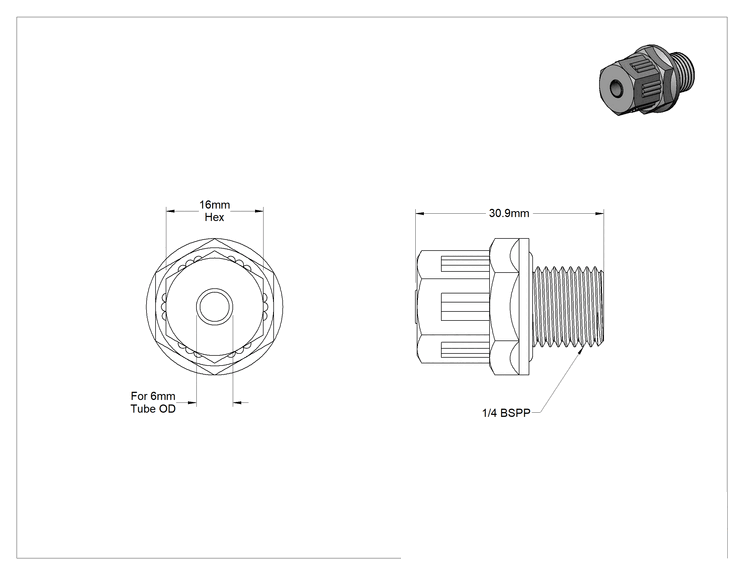 Teknik Çizim - Yiyecek ve İçecek için Sıkıştırmalı Boru Bağlantı Parçası, Yüksek Sıcaklık, Adaptör, 6 mm boru dış çapı x 1/4 BSPP erkek