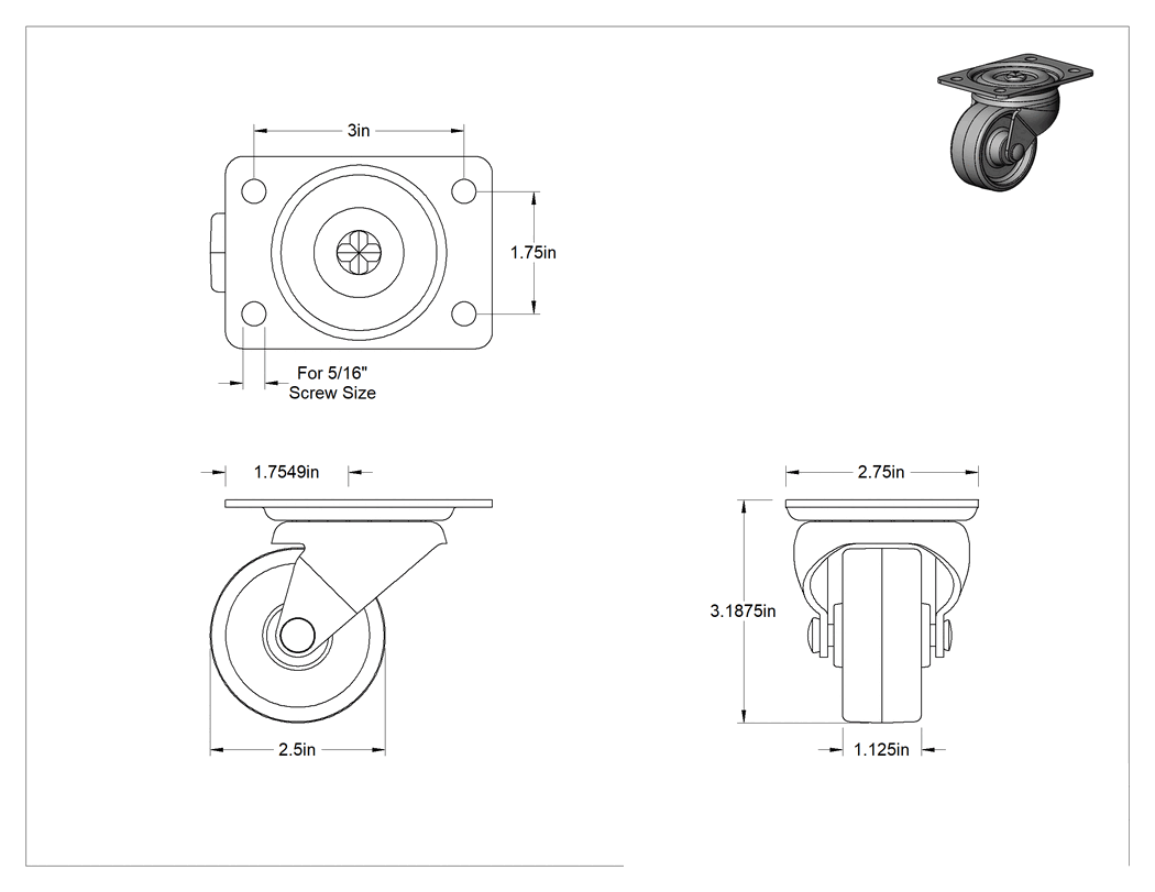 Teknik Çizim - Cart-Smart Tekerlek, 2-1/2" Çapında Sert Polipropilen Tekerlekli Döner