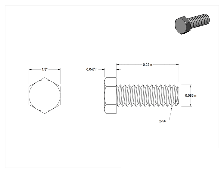 Teknik Çizim - Seramik Altıköşe Başlı Vida, 2-56 Diş Boyutu, 1/4" Uzunluk