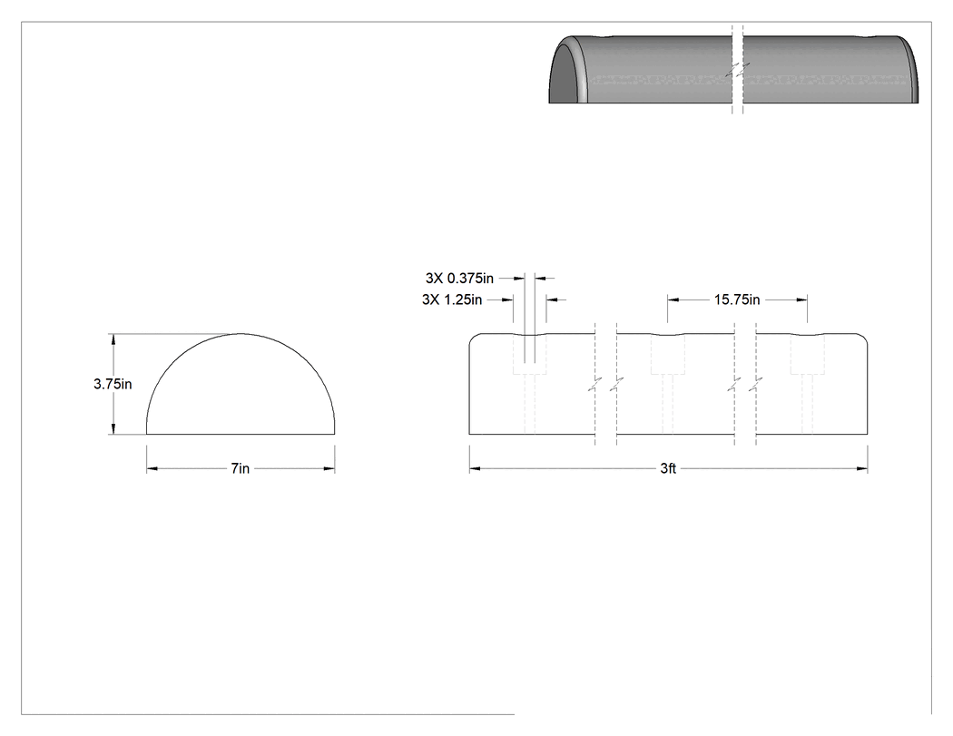 Teknik Çizim - Vida ile Sabitlenen Poliüretan Köpük Yüzey Koruyucu, 3 Fit Uzunluğunda x 7" Genişliğinde x 3-3/4" Kalınlığında