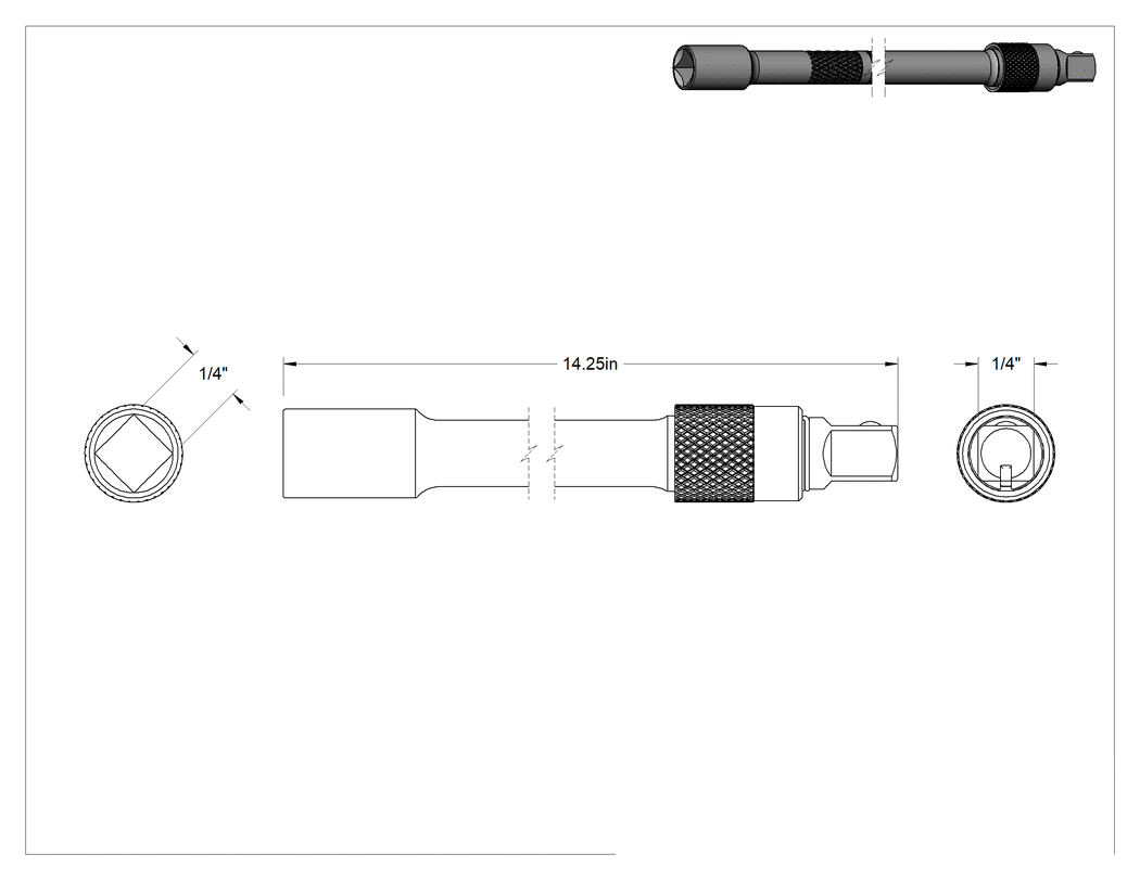 Teknik Çizim - Güçlü Tutuşlu Soket Uzatma Parçası, 1/4" Tahrik, 14.25" Uzunluk