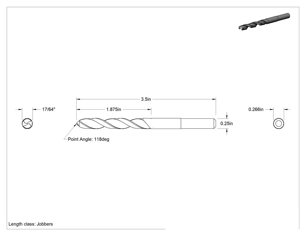 Teknik Çizim - 1/4" Çap Redüksiyonlu Şaftlı Matkap Ucu, 17/64" Boyut