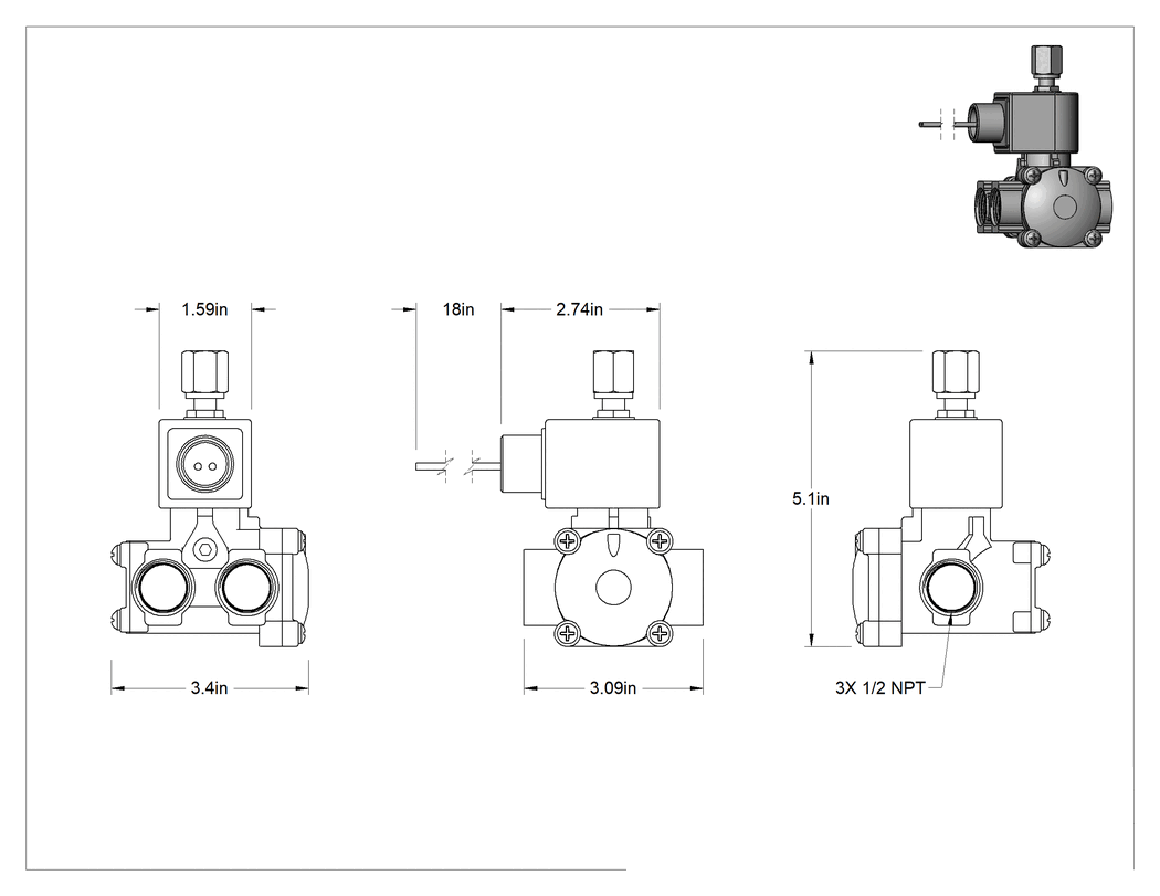 Teknik Çizim - Dişli Solenoid Yön Değiştirme Valfi, 120V AC, 1/2 NPT Dişi
