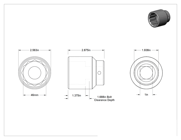 Teknik Çizim - 12-Uçlu Lokma Anahtarı, Krom Kaplı Çelik, Standart, 1" Kare Tahrik, 46 mm Boyut
