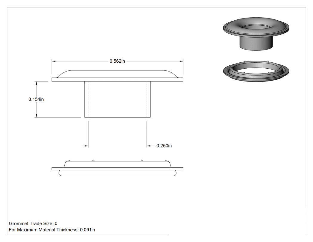 Teknik Çizim - Kendinden Delici Kumaş Grometleri, 1/4" İç Çap