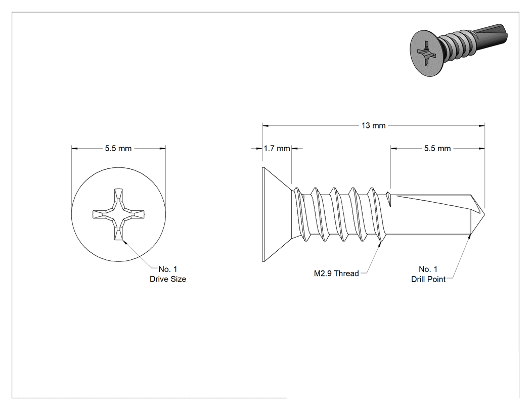 Teknik Çizim - Çinko Kaplı Çelik Havşa Başlı Delme Vidaları, Philips, M2.9 Boyutu, 13 mm Uzunluk