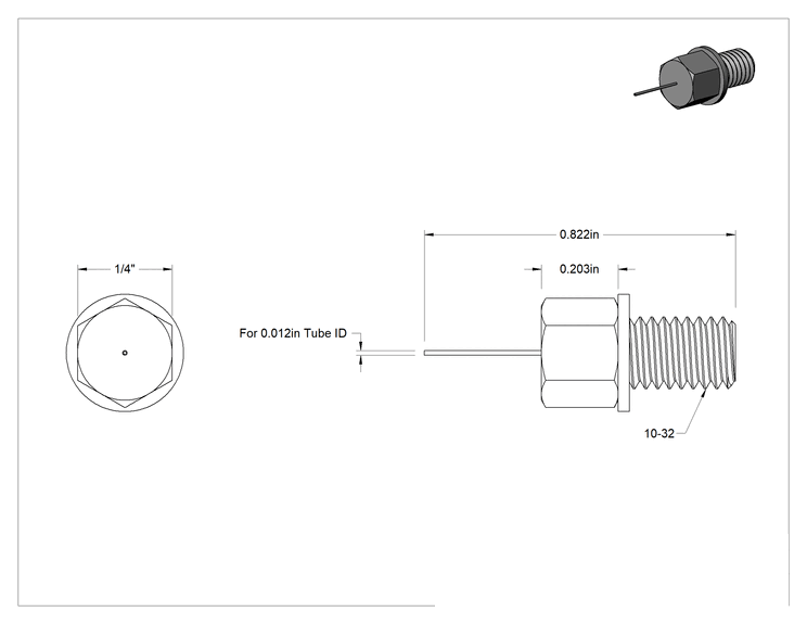 Teknik Çizim - Paslanmaz Çelik Bağlantı Parçası, 0.012" Boru İç Çapı x 10-32 UNF Erkek