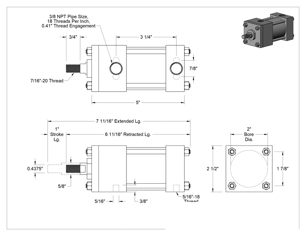 Teknik Çizim - Hidrolik Silindir, NFPA MS 4 Montaj Şeması, 2" Delik Çapı, 1" Strok Uzunluğu