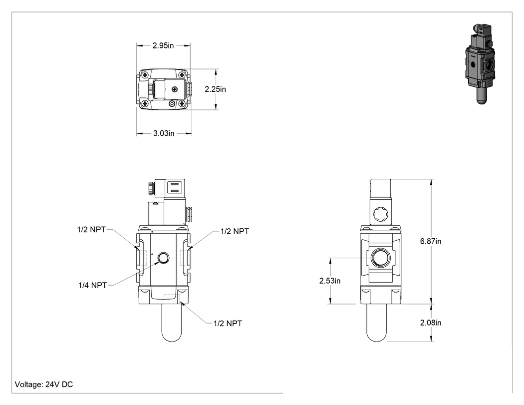 Teknik Çizim - Yavaş Başlangıçlı Hava Tahliye Valfi, Parker P32T Modüler Basınçlı Hava FRL için, 24V DC