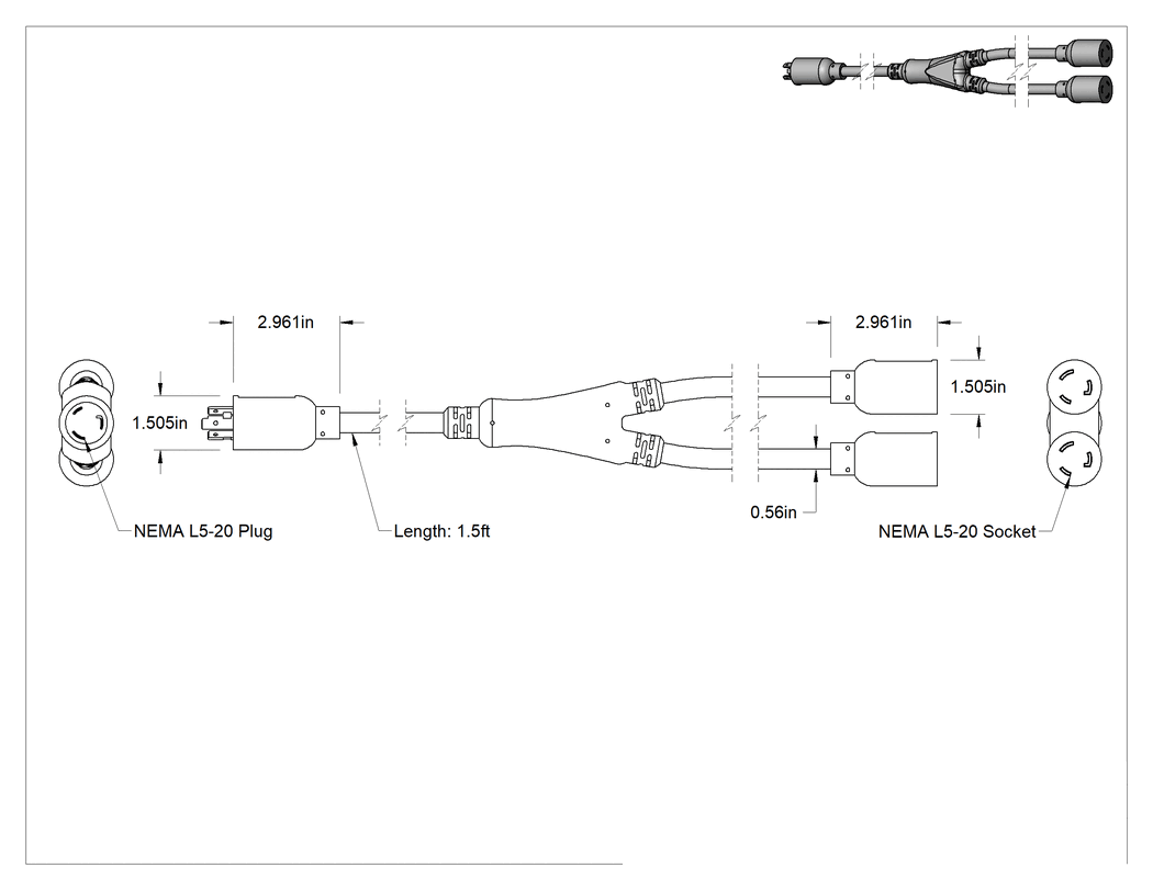 Teknik Çizim - Elektrik Kablosu Adaptörü, 2 Çıkışlı, NEMA L5-20 Fiş x Priz, 1-1/2 Fit Uzunluk