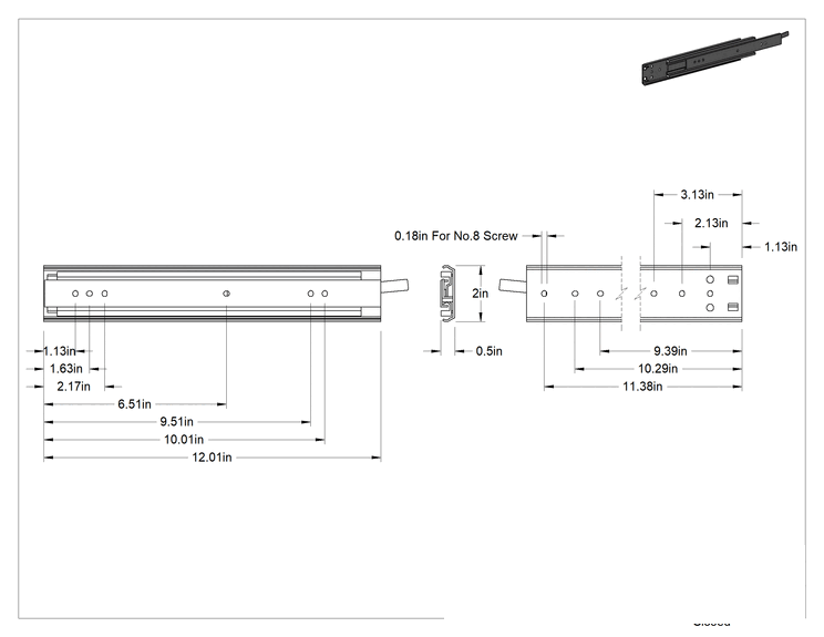Teknik Çizim - Kilitli Açık/Kilitli Kapalı Çekmece Kılavuzları, Kolu Çekmeli Çekmece Açma Mekanizmalı, 12" Kapalı Uzunluk