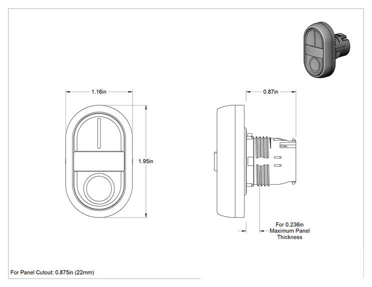 Teknik Çizim - 22 mm Çok İşlevli Panele Monte Basmalı Buton Şalterleri, 1 Dikey Çizgili Beyaz Düğme ve 1 Daireli Siyah Düğme