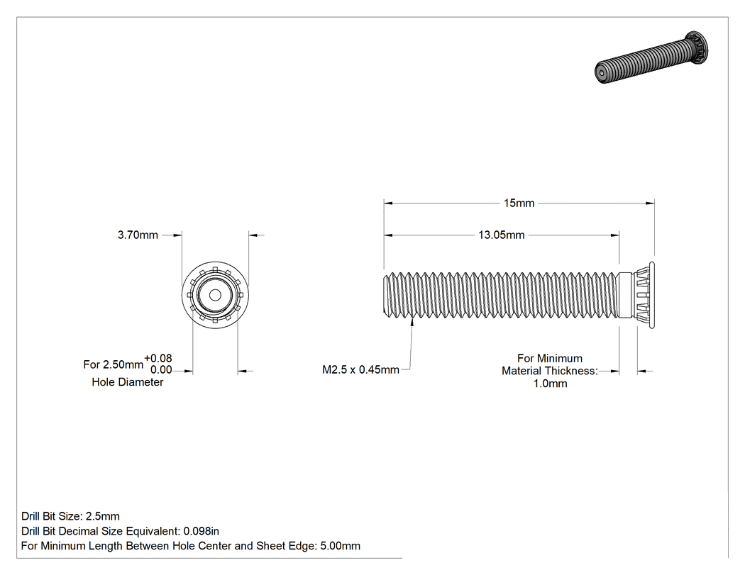Teknik Çizim - Pres Geçmeli Saplamalar, Paslanmaz Çelik, M2.5 x 0.45 mm Boyut, 15 mm Uzunluk, PEM® Fhs-M2.5-15
