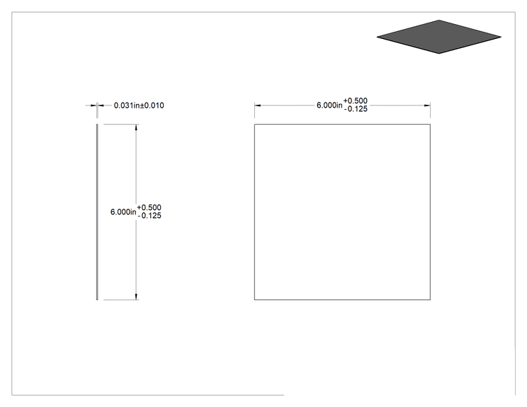 Teknik Çizim - Hava Koşullarına Dayanıklı EPDM Kauçuk Levha, İçme Suyu için, 6" x 6", 1/32" Kalınlık