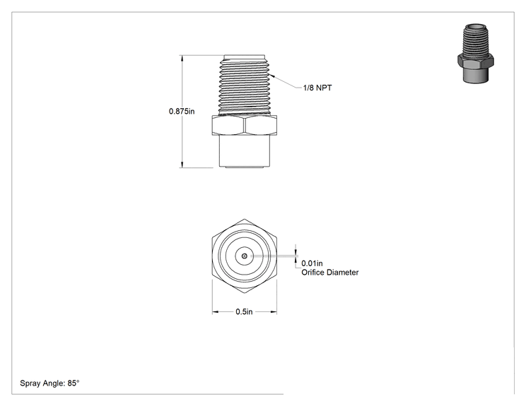 Teknik Çizim - İçi Boş Konik Damlamayan Sisleme Nozulu, 1/8 NPT Erkek, 1 gph @ 100 PSI