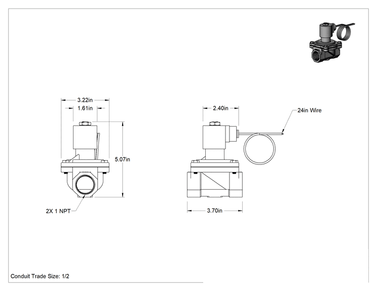 Teknik Çizim - Viton® Contalı Pirinç Solenoid Açma/Kapama Vanası, Soğutucu ve Deterjan için, Kapalı, 24V AC, 1 NPT Dişi