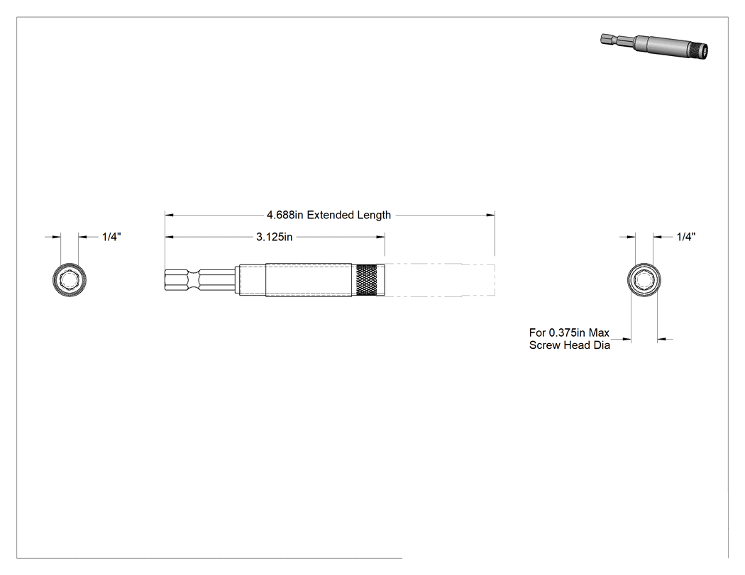 Teknik Çizim - Mıknatıslı Vida Kılavuzlu Uç Adaptörü, 1/4" Altıgen Şaft Boyutu, 3-1/8" Toplam Uzunluk, Alüminyum Manşon