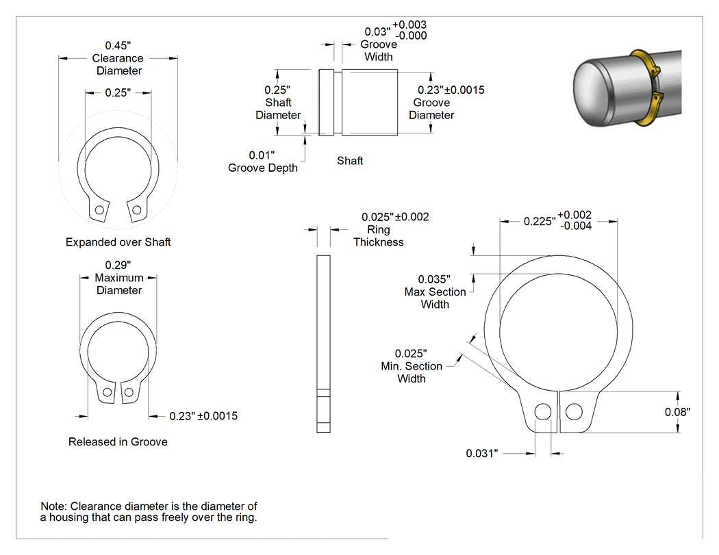 Teknik Çizim - Mil. Spec. Dış Segman, 1/4" Dış Çap için, 15-7 PH Paslanmaz Çelik
