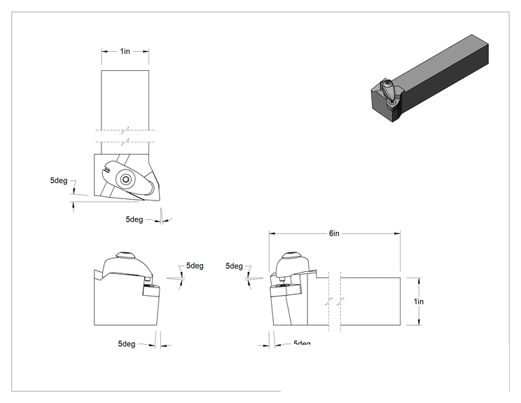 Teknik Çizim - Döner Karbür Uç Tutucu, Dwln, Sağ Yönlü, 1/2" iç çaplı daire çapı için, 1" Şaft Genişliği