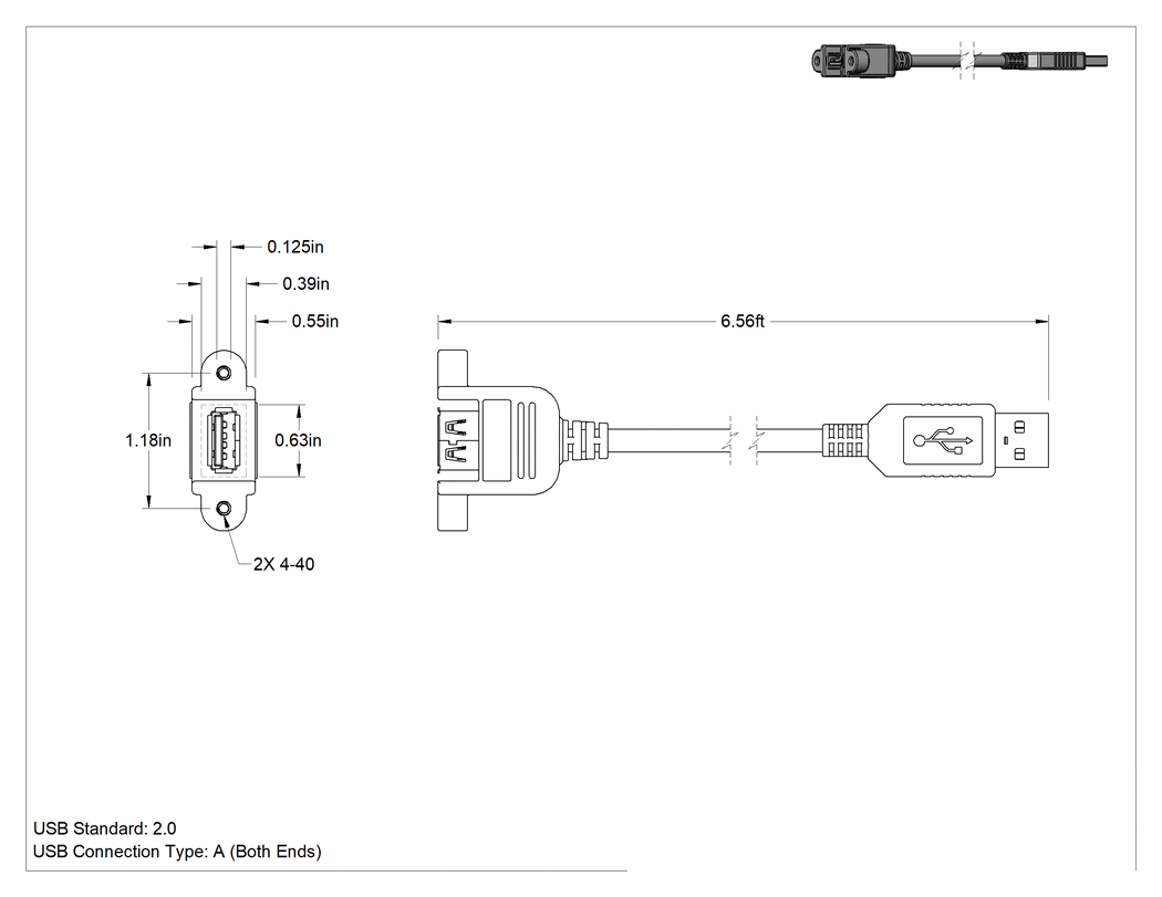 Teknik Çizim - Panele Monte USB Kablosu, USB 2.0, 2 Montaj Deliği Olan A Fiş x A Soket, 6' Uzunluk