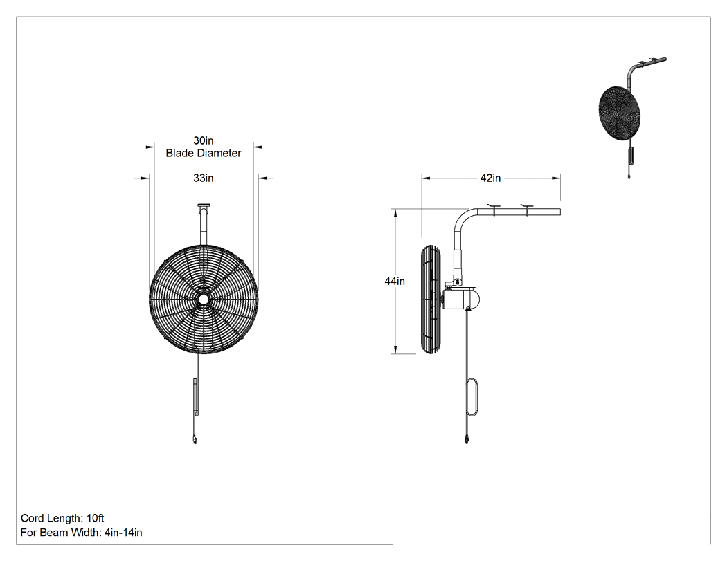 Teknik Çizim - Ekonomik Fan, Kiriş Montajı, Salınımlı, 30" Bıçak Çapı