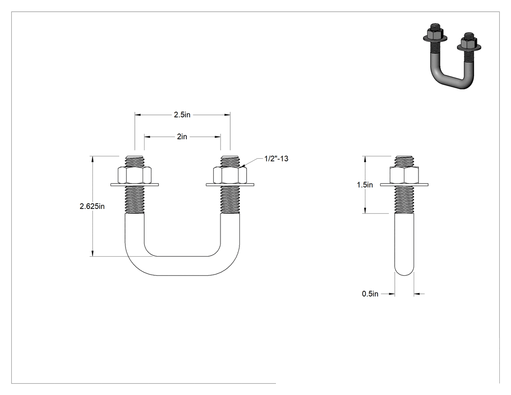 Teknik Çizim - Kare U-Cıvata, Çinko Kaplamalı, Çelik, 1/2"-13 Diş Boyutu, 2" İç Genişlik, 2-5/8" Yükseklik