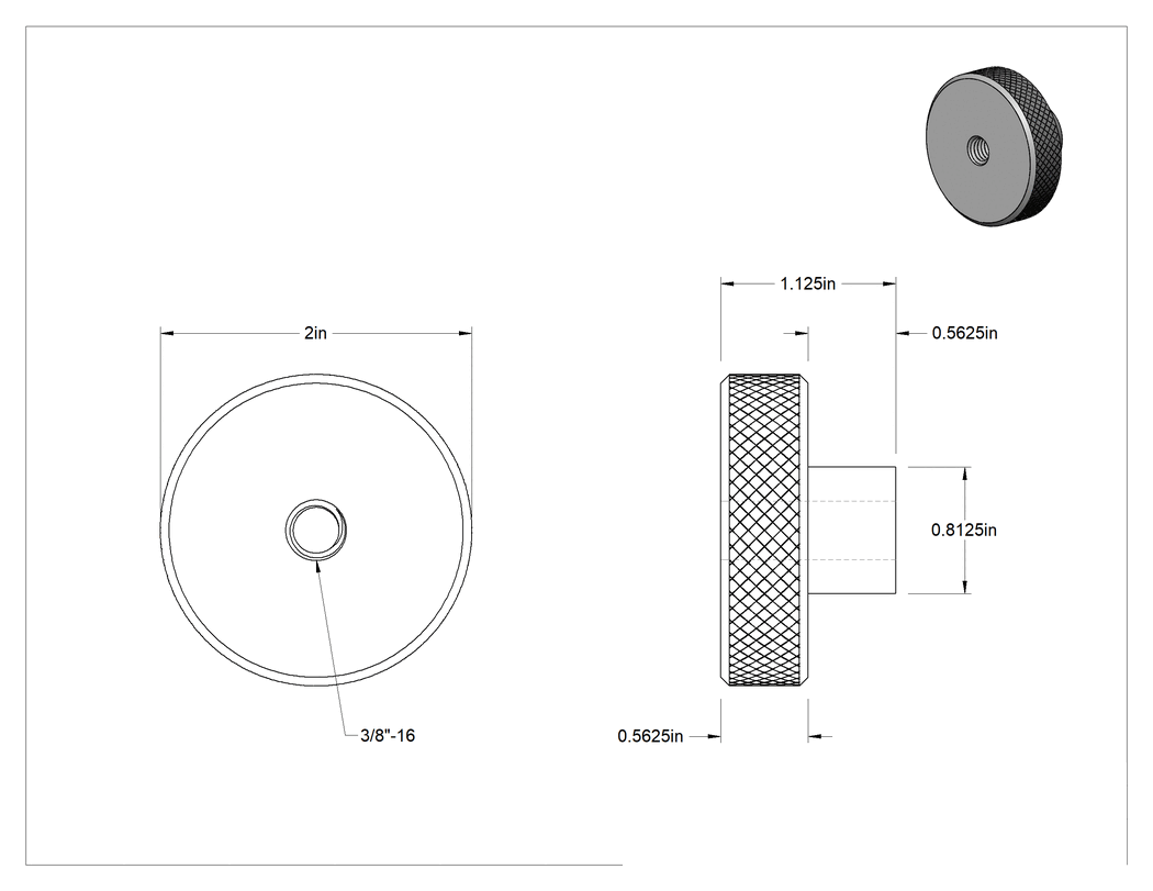 Teknik Çizim - Alüminyum Tırtıllı Tutma Düğmesi, 3/8"-16 Dişli Delikli