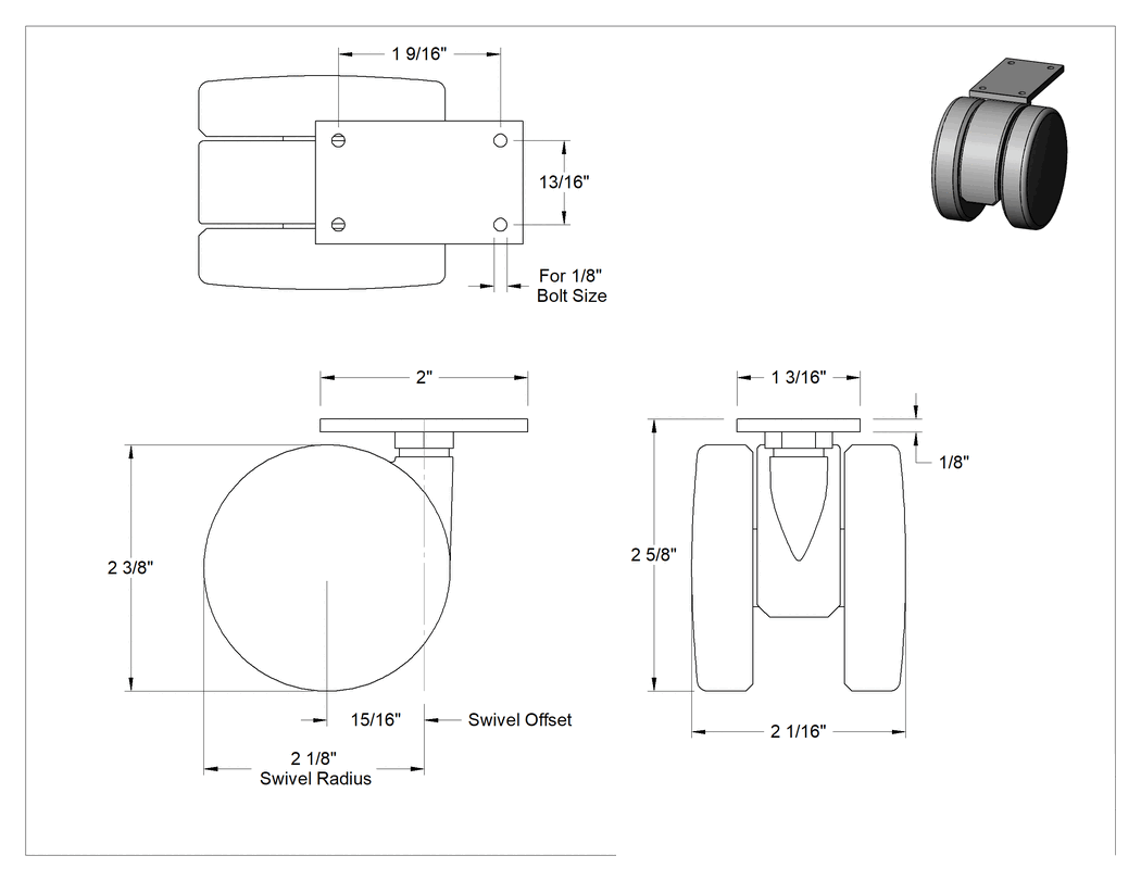 Teknik Çizim - Mobilya için Hafif Hizmet Tipi Döner Tekerlek, 2-3/8" x 2-1/16" Naylon Tekerlekli, 2 inç x 1-3/16 inç Plaka
