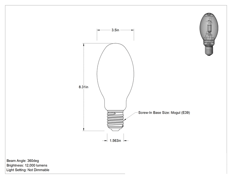 Teknik Çizim - Metal Halide Ampul, ED28 Konisi, E39 Mogul Tabanı, 150W, 4200K, 12000 lümen