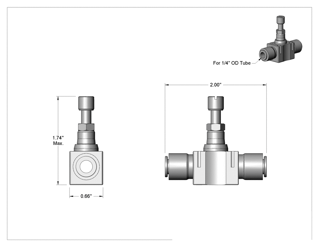 Teknik Çizim - Tek Kontrollü İki Yönlü Hava Akışı Kontrol Vanası, 1/4" Basmalı Bağlantı Dişi Giriş x Çıkış
