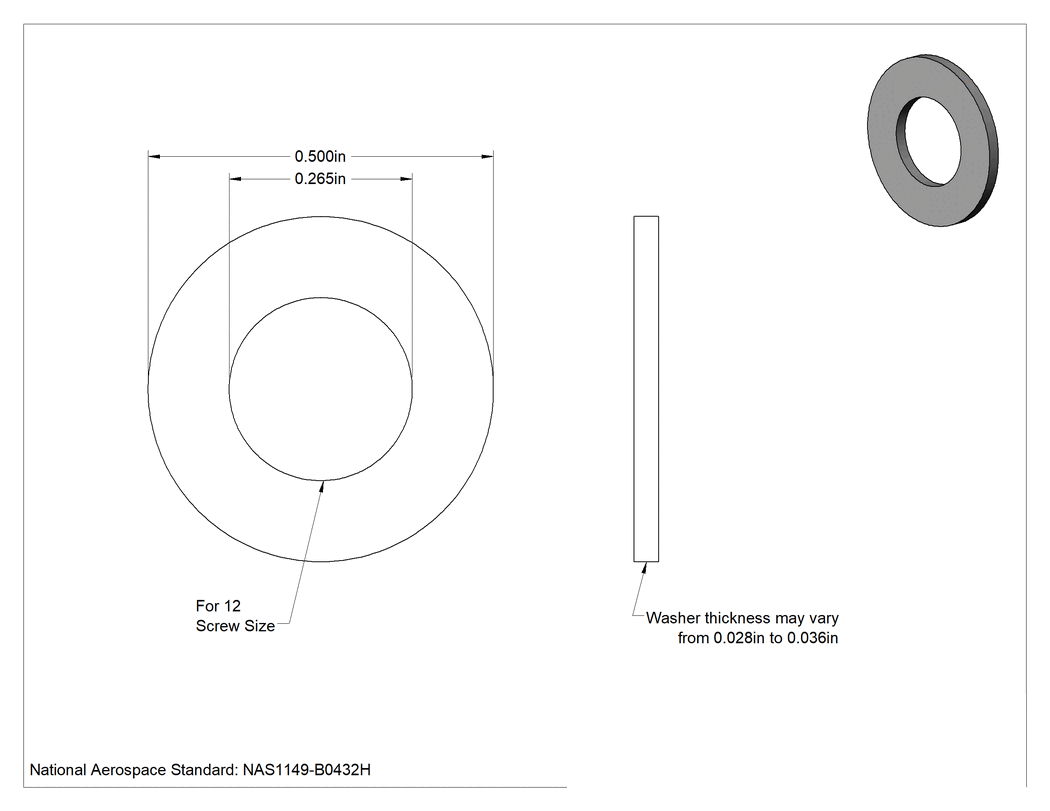 Teknik Çizim - Pirinç Mil. Spes. Pul, 12 Numaralı Vida için, 0.265" İç Çap, 0.5" Dış Çap, 0.028 inç - 0.036 inç Kalınlık
