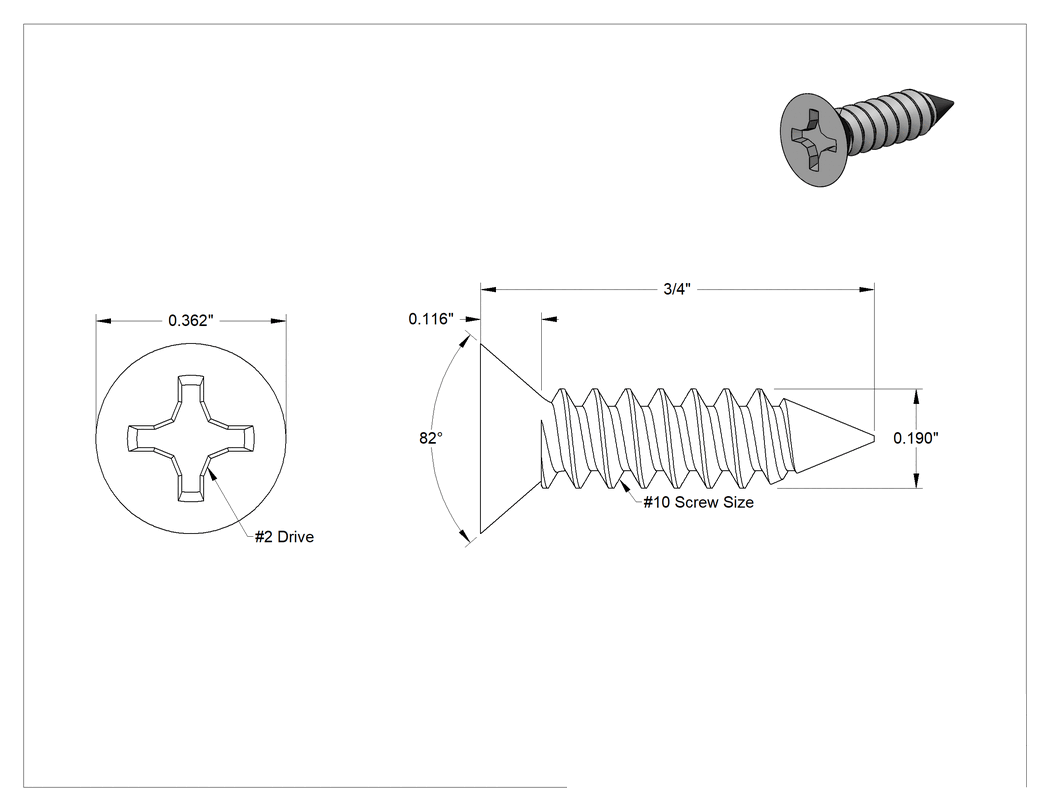 Teknik Çizim - Sac Metal için Phillips Havşa Başlı Vidalar, Yüksek Mukavemetli 410 Paslanmaz Çelik, 10 Numaralı Boyut, 3/4" Uzunluk