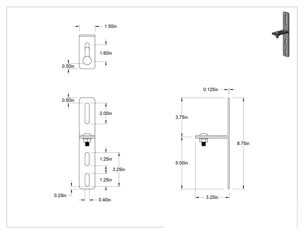 Teknik Çizim - 3-1/4" x 8-3/4" x 1/8" İki Parçalı L-Braket