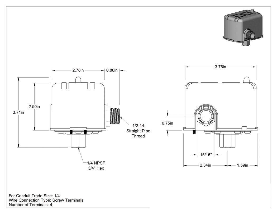 Teknik Çizim - Su Pompaları için Basınç Şalteri, Basınç Dalgalanma Korumalı, 20-65 PSI Ayar Noktası