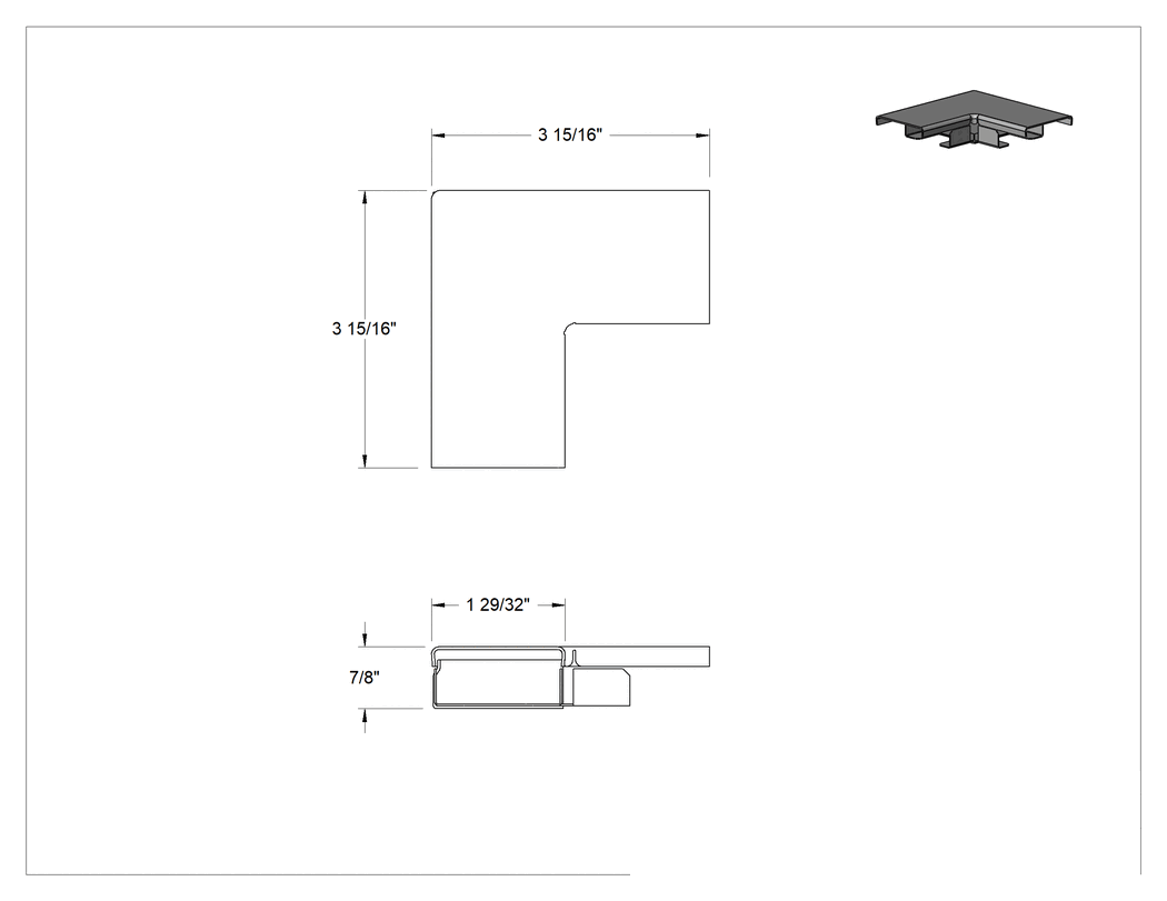 Teknik Çizim - 1-29/32" Genişlik x 7/8" Derinlik Düşük Profilli Kablo Kanalı için 90 Derece Dirsek