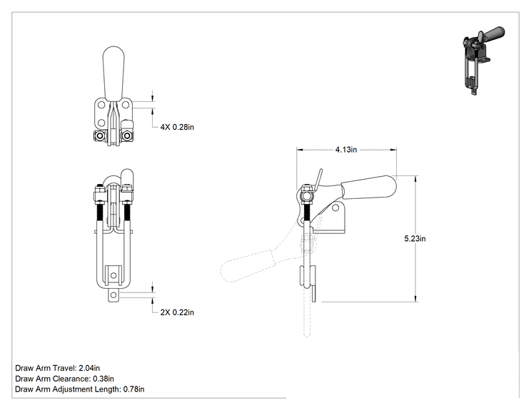 Teknik Çizim - Dik Açı Mandallı Mandal Kelepçe, 18-8 Paslanmaz Çelik, 1000 lbs. Tutma Kapasitesi, 2-1/16" Kol Hareketi