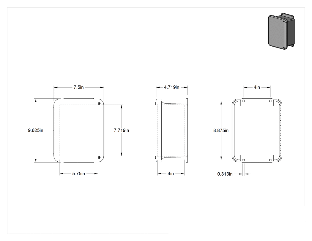 Teknik Çizim - Su Geçirmez Fiberglas Muhafaza, Vidalı Menteşeli Kapak, 7-1/2" x 9-5/8" x 4-3/4", Gri