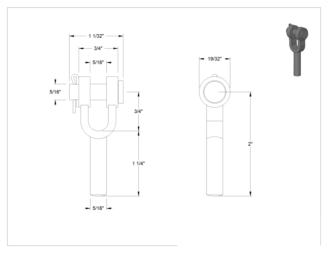 Teknik Çizim - Çatal Çubuk Ucu Boşluğu, 5/16" Şaft Çapı, 2" Şaft Merkez Uzunluğu