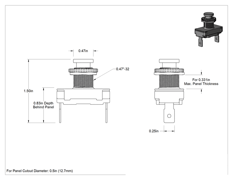 Teknik Çizim - 12 mm Panele Monte Basmalı Buton Şalterleri, Metal Tabanlı