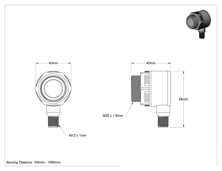 Teknik Çizim - Ultrasonik Dirsek Anahtarı, 100-1000 mm Mesafe